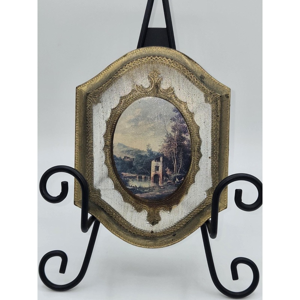 Vintage Italian Florentine Style Wall Plaque Landscape Scene Gold Gilt Frame
